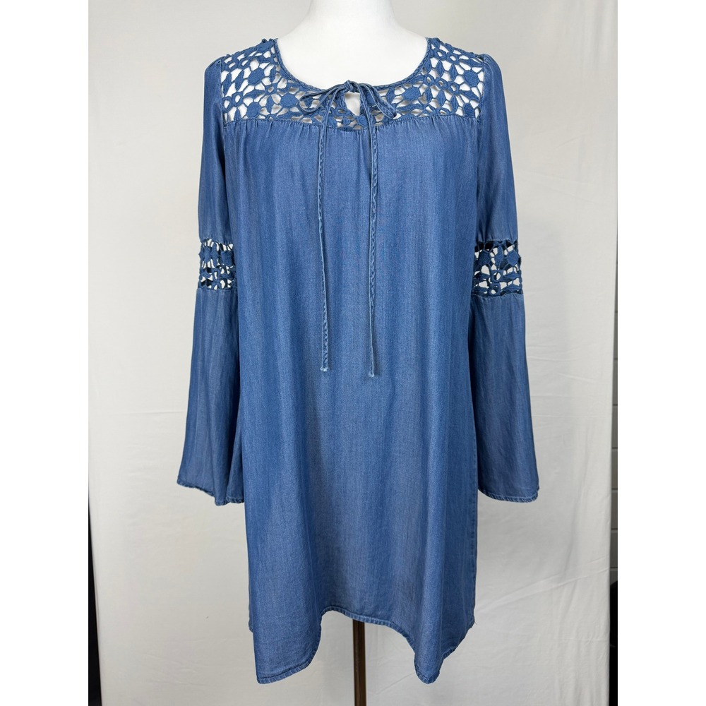 Want & Need Tencel Denim Crochet Lace Trim Bell Sleeve Tunic Mini Dress Womens L